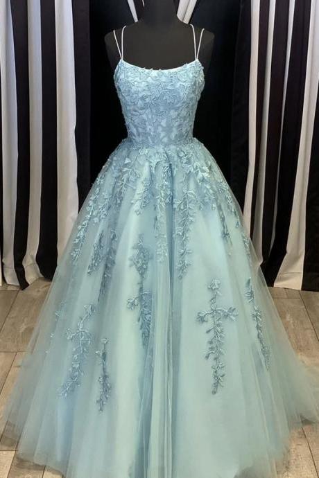 P3805 Blue Tulle Lace Applique Dress, Long Ball Gown Dress Formal Dress,spaghetti Strap Prom Dress