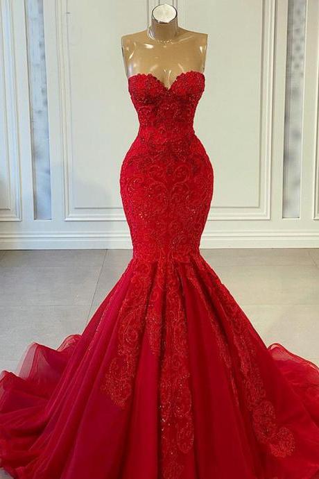 P3807 Red Prom Dresses, 2023 Prom Dresses, Mermaid Prom Dresses, Sweetheart Neckline Prom Dresses, Lace Prom Dresses, Red Evening Dresses