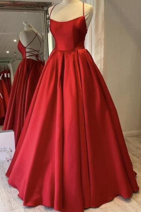 P3808 Hand Made Red Satin Long Prom Dress A Line Evening Gown