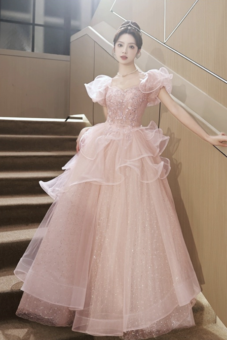 P3811 Pink Tulle Sequins Long Prom Dress, Lovely Short Sleeve Evening Dress, Pink Formal Dress