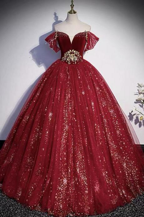 P3812 Burgundy Velvet Tulle Long Prom Dress A Line Evening Dress