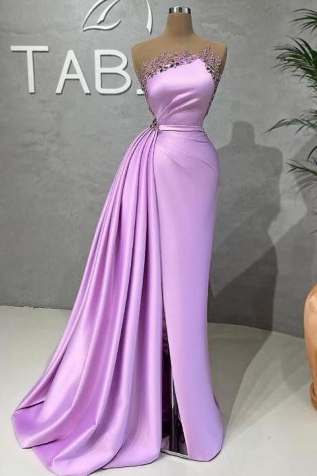 P3817 Lilac Mermaid Evening Dress 2023 Illusion Neck Lace Beaded Slit Women Prom Party Gowns