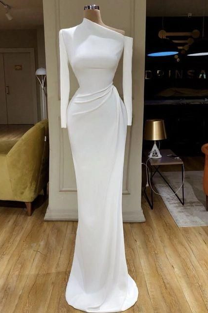P3818 Asymmetric Neck Long Sleeves Evening Gown