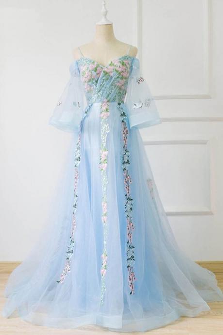 P3819 Sweetheart Neck Blue Tulle Off Shoulder Long Prom Dress, Evening Dress With Sleeves