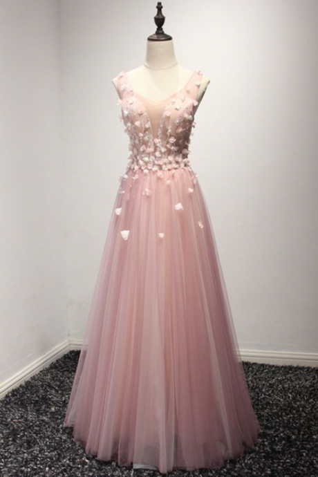 P3823 Princess Pink Tulle Formal Dress With Floral Bodice For Women