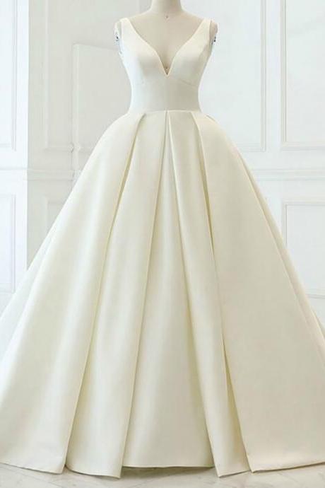 W3824 Charming White Ball Gown Satin V-neck Backless Wedding Dress