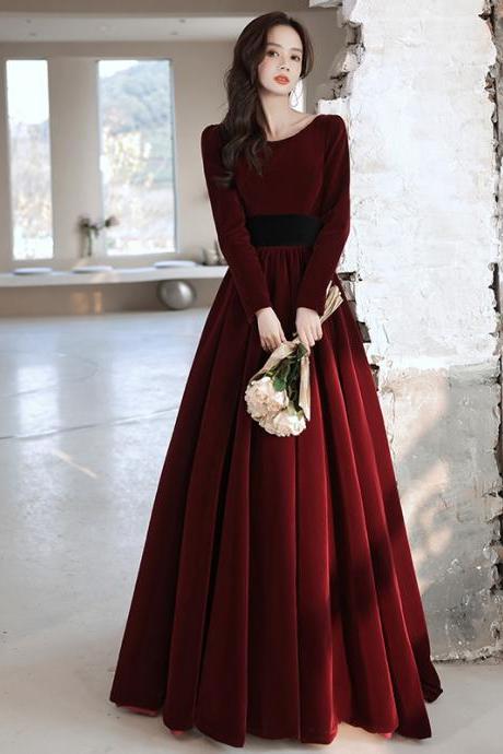 P3826 Elegant Wine Red Velvet Long Sleeves Formal Dress, Long Dark Red Wedding Party Dress
