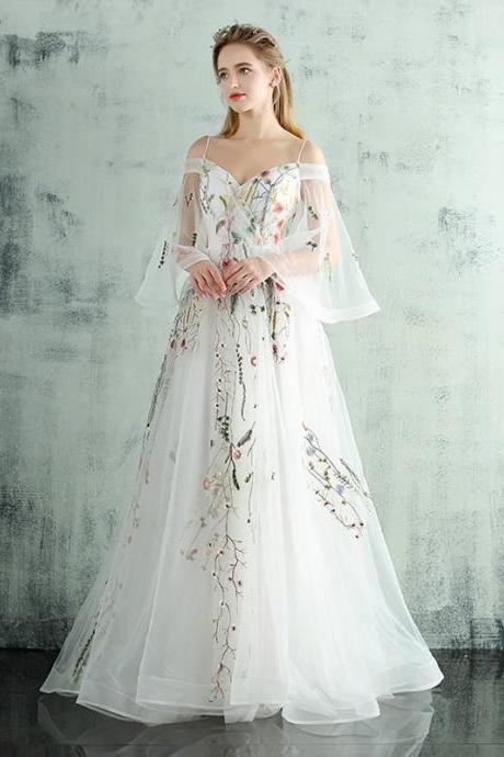P3827 White Off Shoulder Long Evening Dresses Prom Dress, A-line Floor Length Formal Dresses