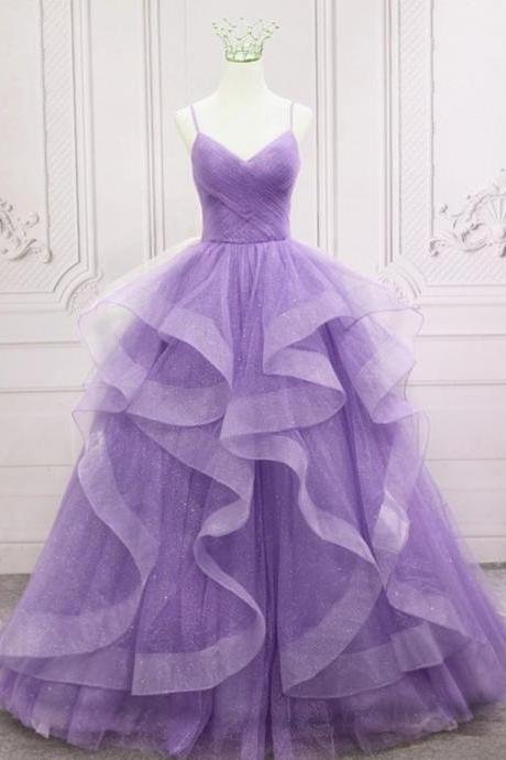 P3828 Glam Purple Tulle V-neckline Straps Layers Long Formal Dress Party Dress, Purple Evening Dress Prom Dresses