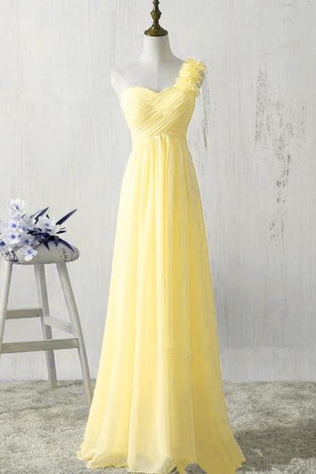 P3832 One Shoulder Yellow Chiffon Bridesmaid Dresses, A-line Party Long Evening Dresses, Light Yellow Bridesmaid Dresses