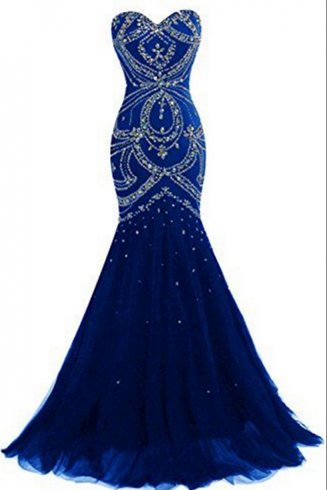 P3833 Navy Blue Tulle Prom Dresses, Sweetheart Sequins Beaded Backless Mermaid Long Prom Dresses, Evening Dresses
