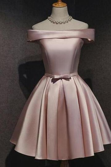 H3839 Pink Off Shoulder Homecoming Dress, Pink Party Dress, Cute Satin Dress