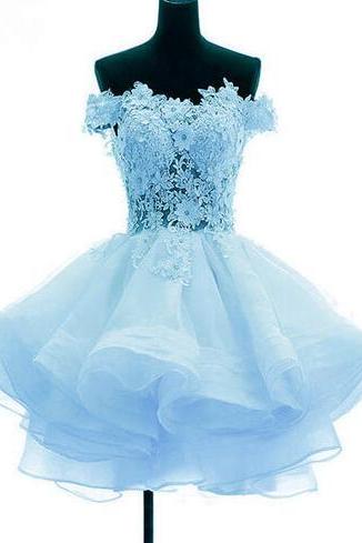 H3841 Light Blue Organza With Flower And Lace Short Party Dress, Blue Homecoming Dress