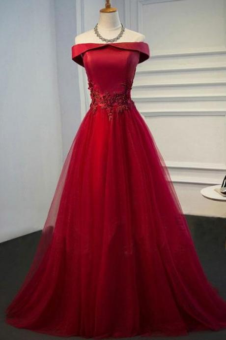 P3849 Red Satin And Tulle Off Shoulder Long Formal Gowns, Red Party Dress, Lace-up Back Party Dress