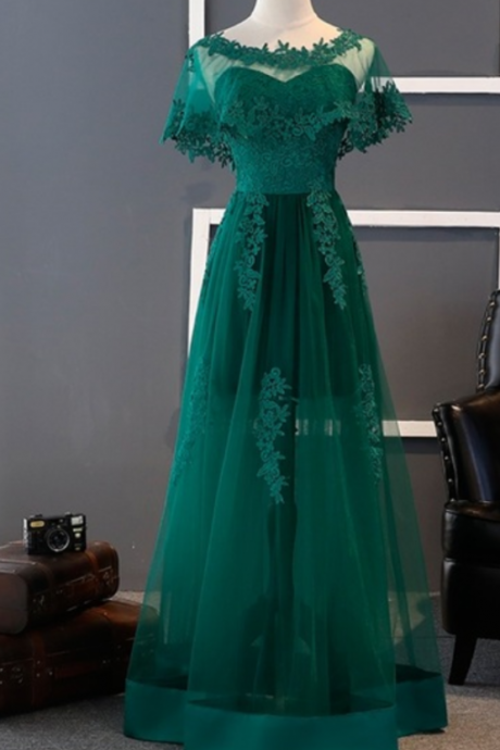 P3864 Prom Dresses,charming Green A-line Lace Tulle Prom Dress Elegant Evening Dress