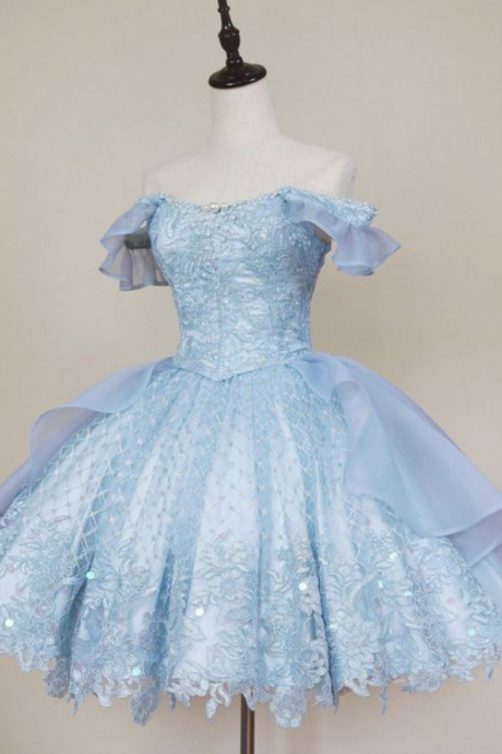 P3865 Vintage Blue Lace Homecoming Dresses,off The Shoulder Homecoming Dresses
