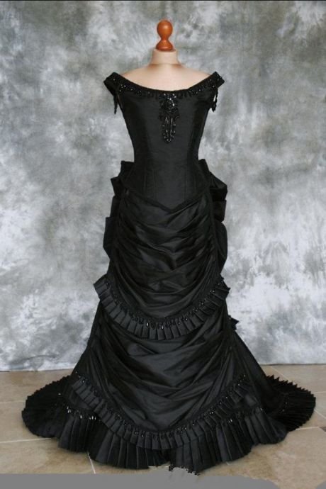 P3866 Beaded Gothic Victorian Bustle Prom Gown With Train Vampire Ball Masquerade Halloween Black Evening Bridal Dress Steampunk Goth 19th