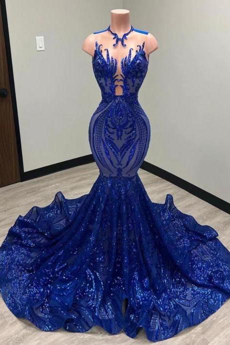 P3869 Royal Blue Elegant Evening Dresses For Women Sparkly Applique Mermaid Modest Formal Occasion Dresses