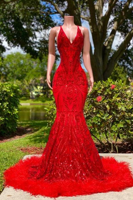 P3872 Arabian Sexy Black Girl Mermaid Prom Dresses 2024 Red Sequined Elegant Backless Feather Evening Gowns Long Women Formal Dress