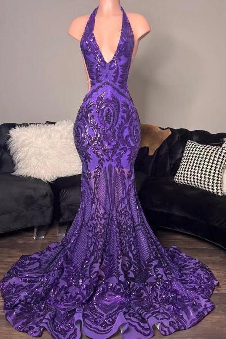 P3873 Purple Prom Dresses, Mermaid Prom Dresses, Custom Make Evening Dresses, Fashion Prom Dresses, Halter Prom Dresses, Sparkly Formal Dresses