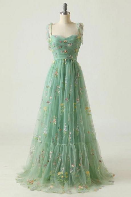 P3587 Spaghetti Strap Evening Dress,green Party Dress, Fairy Prom Dress With Embroidered
