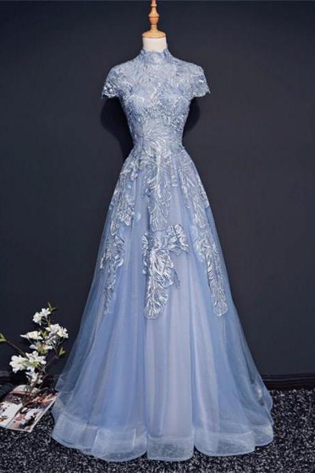 P3590 Modest High Neckline Short Sleeve Dusty Blue Long Evening Prom Dresses, Popular Long Party Prom Dresses