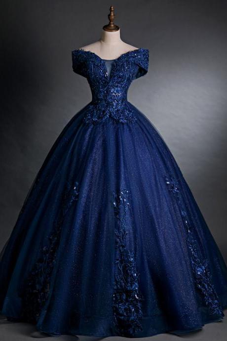 P3592 Off Shoulder Prom Dress,navy Blue Party Dress,luxury Ball Gown Dress