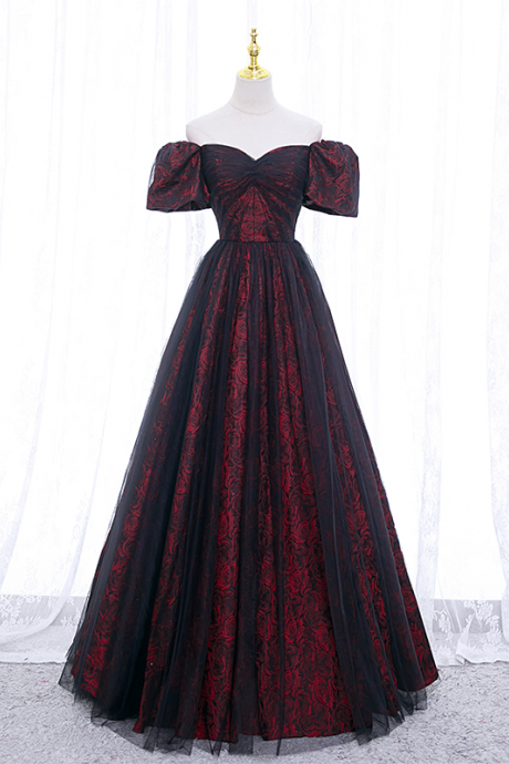 P3594 Black And Red Short Sleeves Lace Party Dress, A-line Formal Dress