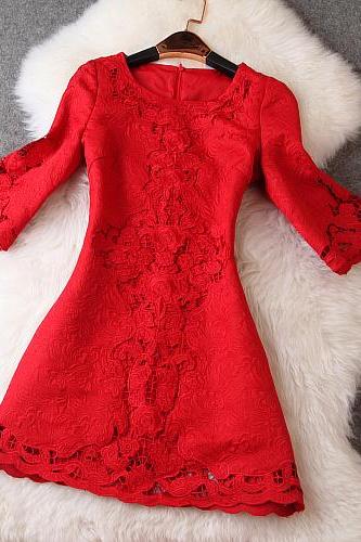 Embroidered Crochet Short Dress,Half Sleeve Party Dress,Mini Prom Dress