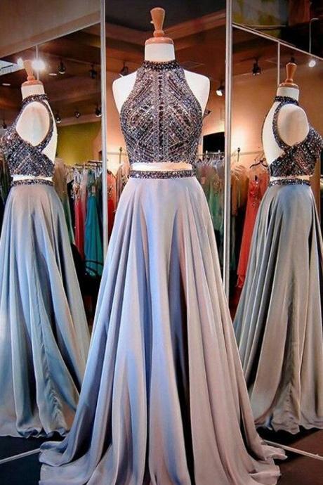 Two Pieces A-line Sparkle High Neck Beading Long Prom/Evening Dress