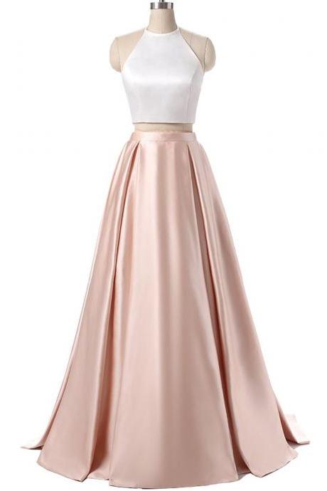 Charming Formal Halter Two Pieces Prom Dress, Party Gowns With Pockets, Light Pink Prom Dress, Simple Satin Prom Dress, 2 Pieces Prom Dresses,