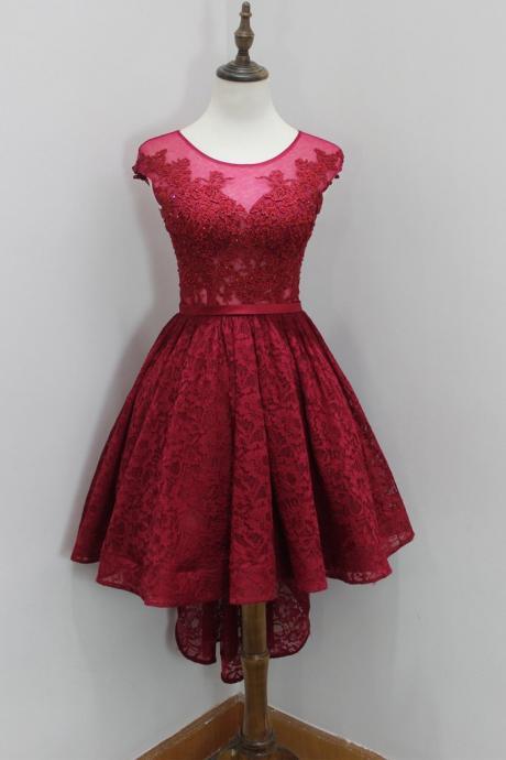 Wine Red Lace Prom Dresses, High Low Prom Dress, Round Neckline Prom Dresses, Burgundy Homecoming Dresses, High Low Formal Dresses, Short Evening Dress