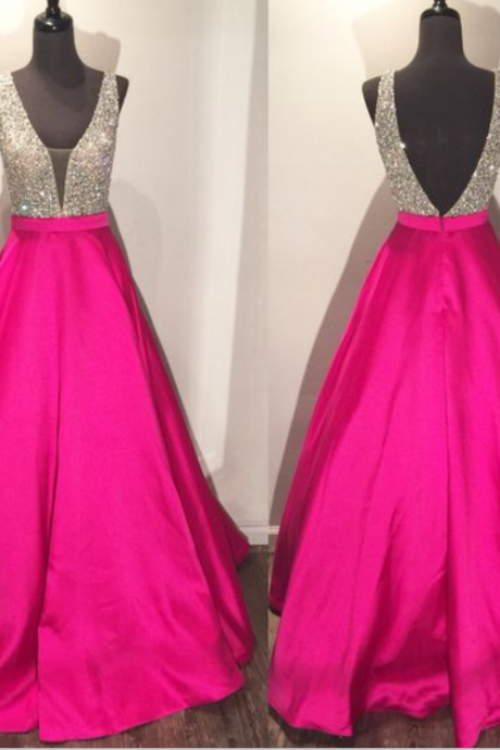 Pink Prom Dresses,satin Prom Dress,beaded Prom Dress,v-neck Prom Dress,backless Prom Dresses,modest Prom Gowns