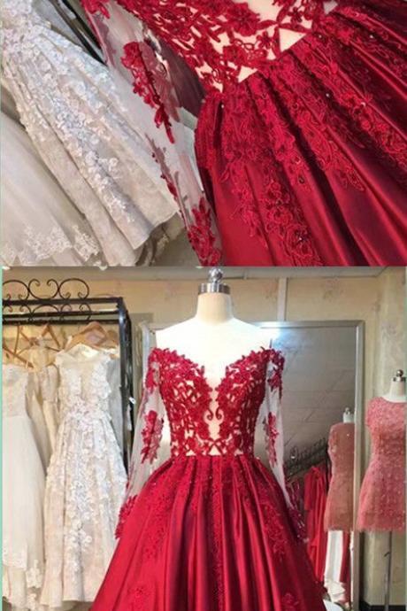 2017 Custom Made Charming Red Prom Dress,appliques Beaded Evening Dress,long Sleeves Party Dress