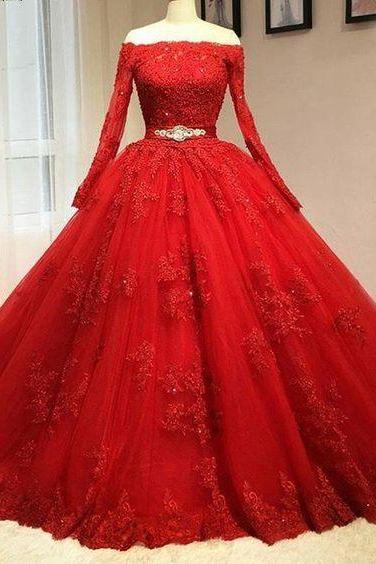 2017 Custom Made Red Lace Prom Dress, Long Sleeves Evening Dress, Off The Shoulder Party Gown,Luxury Beaded Prom Dress,High Quality