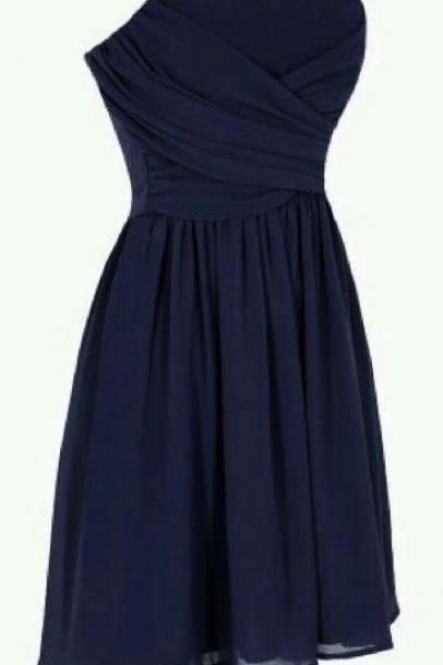 Navy Blue Ruched Chiffon Short A-line Homecoming Dress, Bridesmaid Dress