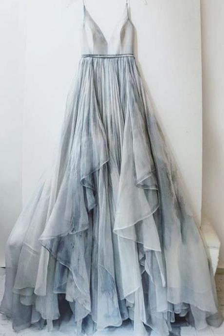 2017 Custom Made Gray Prom Dress,sexy Spaghetti Straps Party Dress,gradient Evening Dress,chiffon Party Dress