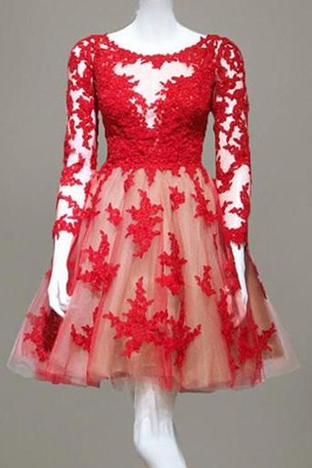 Real Made Red Lace O-neck Homecoming Dresses ,long Sleeve Graduation Dresses,homecoming Dress,short/mini Homecoming Dress