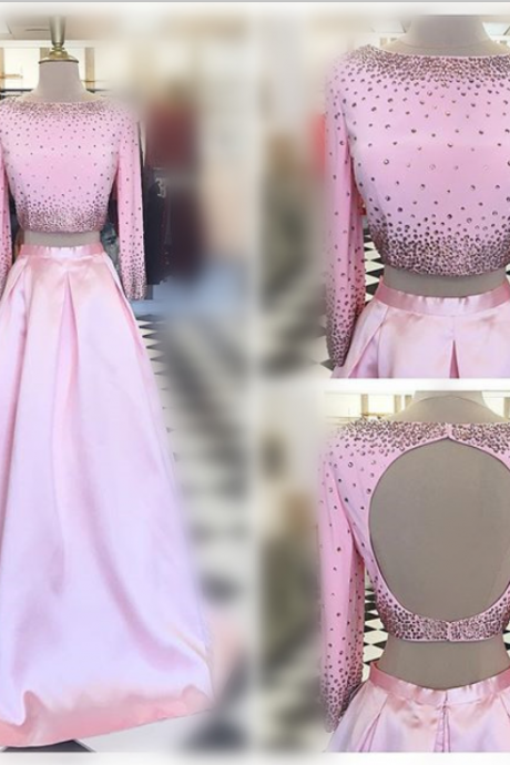 Pink Prom Dresses,two Pieces Prom Dresses,beaded Prom Dresses,backless Prom Dresses,long Sleeves Prom Dresses,evening Dresses