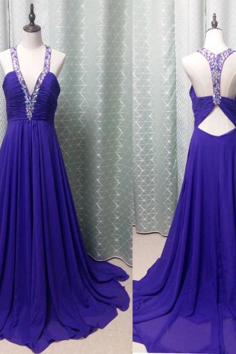 V-neck Purple Chiffon Prom Dresses Crystals Women Party Dresses,290