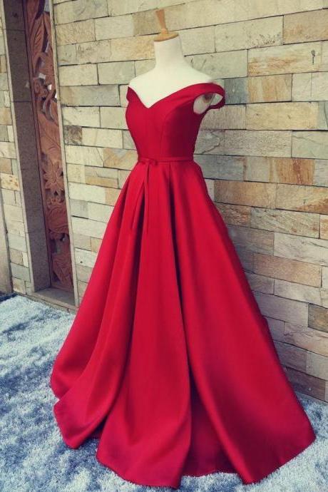 Off-the-shoulder Red Satin Sweep Train Sashes / Ribbons Gorgeous Prom Dress ,315