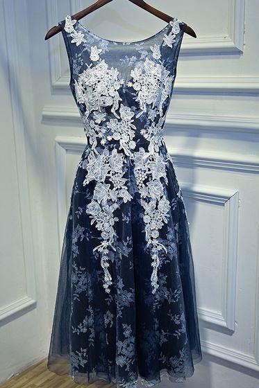 Navy Blue Short Prom Dresses 2017 Cash On Delivery Backless Appliques Tea Length Party Gowns Formal Prom Dress
