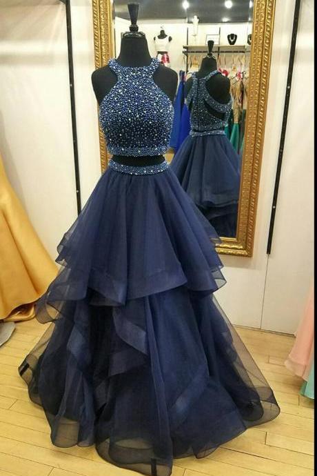 Charming Navy Blue Prom Dress,Two Piece Prom Dresses,Ball Gown Prom Dress,Long Party Dresses, 2 Piece Prom Dress, Beading Prom Dress, Senior Prom Gowns
