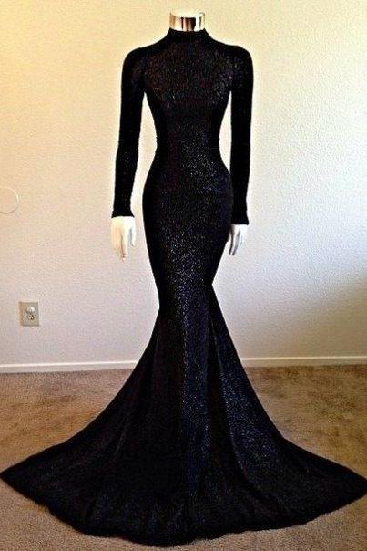 Sexy Mermaid Black Sequin Prom Dress,long Sleeves Halter Evening Dress