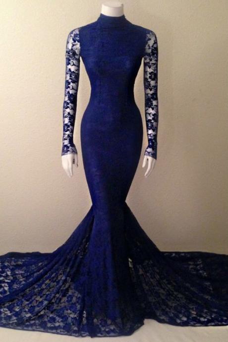 Custom Made Navy Blue Soft Lace Long Sleeves Mermaid Evening Gown With High Neck, Prom Dresses, Wedding Gowns