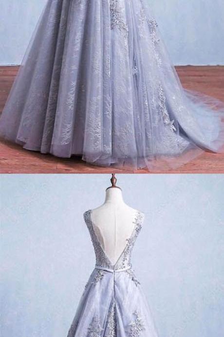 Glamorous A-line Round Neck Gray Tulle Long Prom Dress
