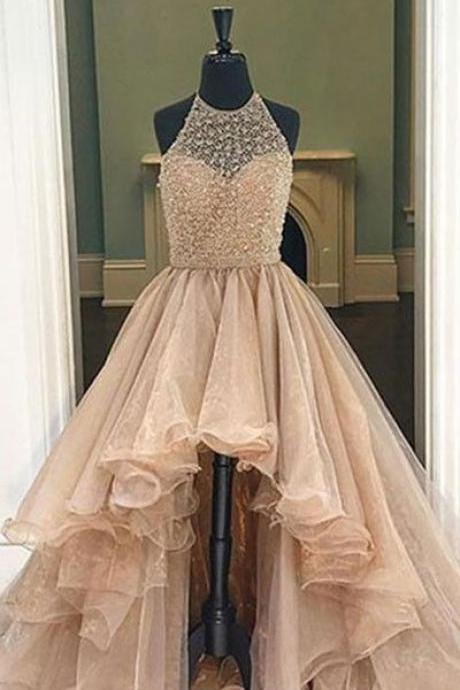 Unique Round Neck High-low Prom Dresses For Teens, Evening Dresses