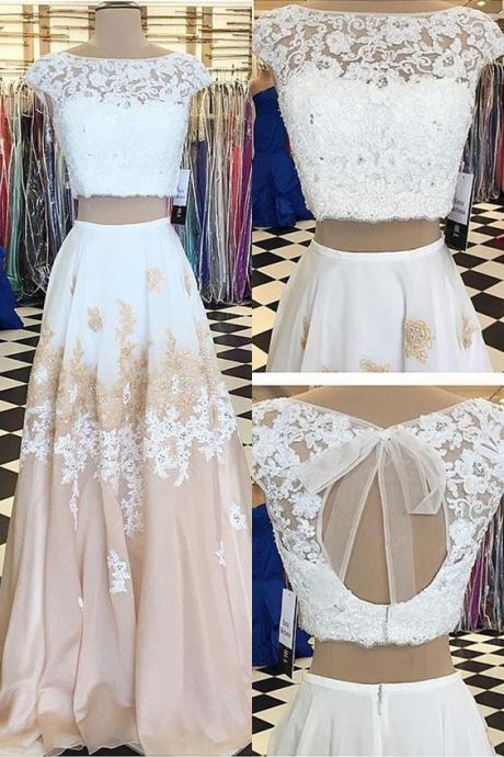 Two Piece Bateau Champagne Chiffon Sweep Train Beaded Prom Dress With Appliques