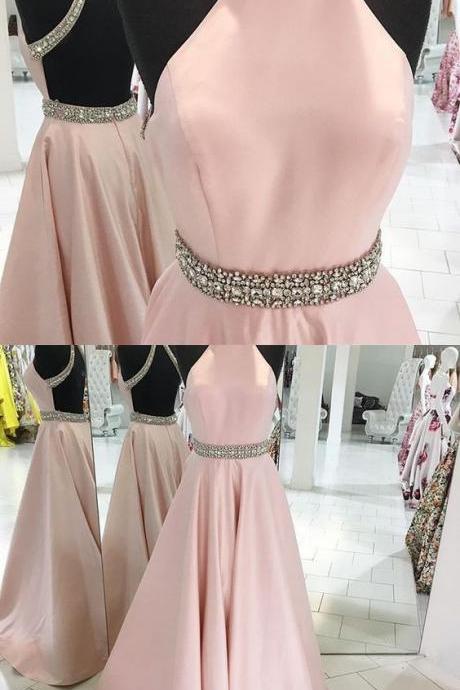 Beads Long Prom Dress, 2017 Pink Long Prom Dress, Prom Dress With Open Back From