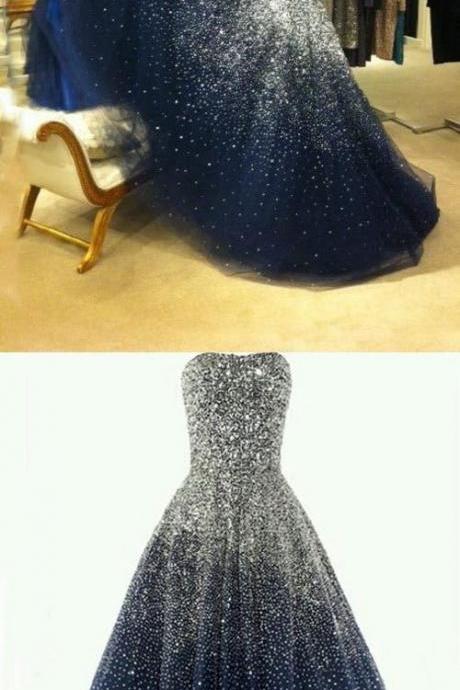 Best Ball Gown Strapless Floor Length Tulle Navy Blue Prom/Evening Dress with Beading